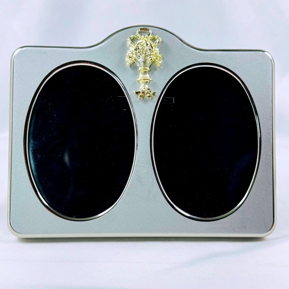Vintage Style Double Oval Silver Gold Floral Crest Photo Frame England Victorian